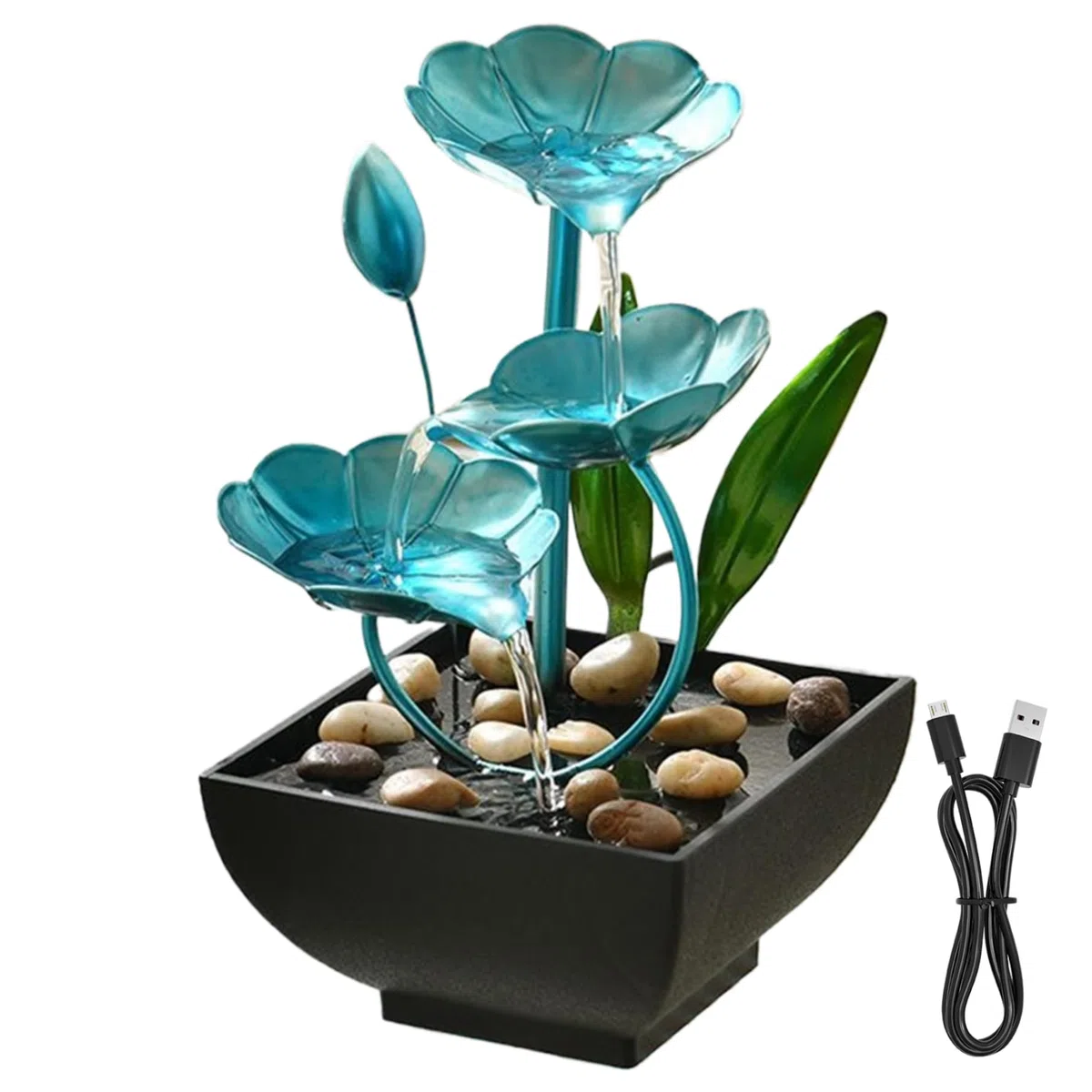 FONTA DI ACQUA CABLETOPILE 5x5x9in decorazioni di loto interno a cascata FONTAIN USB Mini Zen Rilassamento Fiore per ufficio, soggiorno, camera da letto (blu)