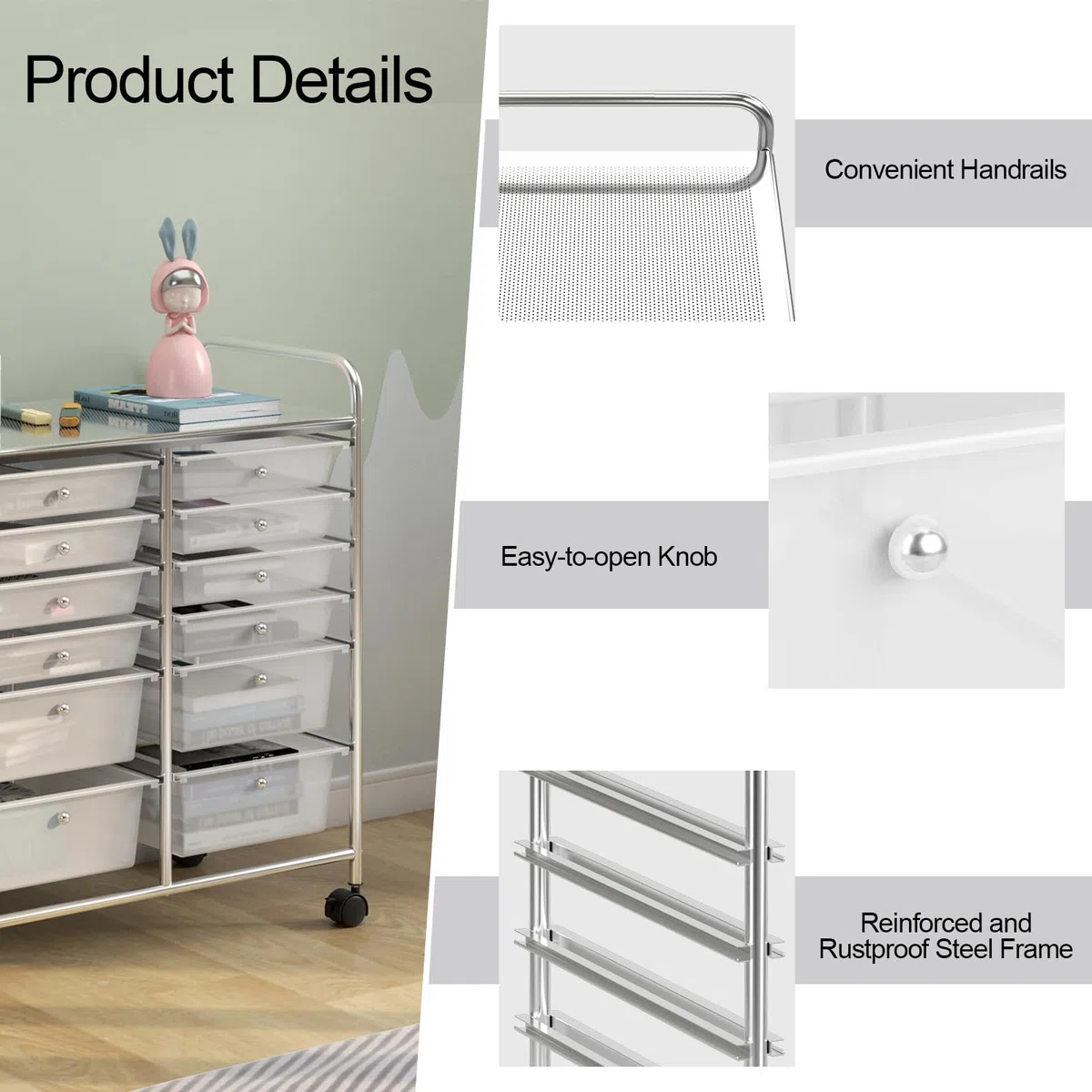 GIANTEX Carrello Portaoggetti con Ruote, 12 Cassetti Rimovibili, Carrello a Rotelle per Soggiorno, Ufficio, Camera da Letto, 64x38x75 cm, 3 Colori