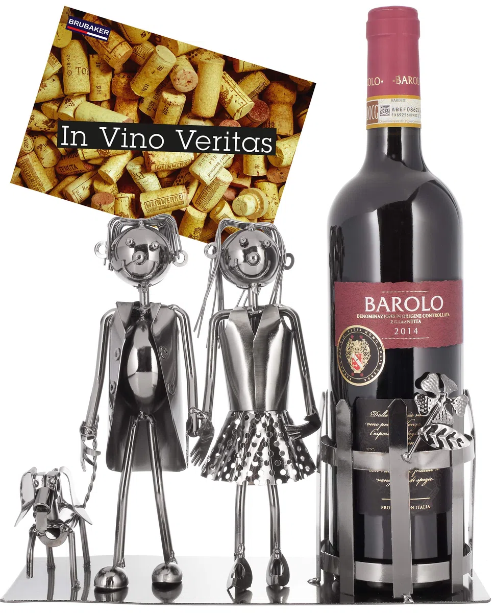 Brubaker Coppia Portabottiglie Vino con Cane - Oggetto Decorativo - Supporto per Bottiglie di Metallo - con Biglietto d'Auguri per il Vino Regalo