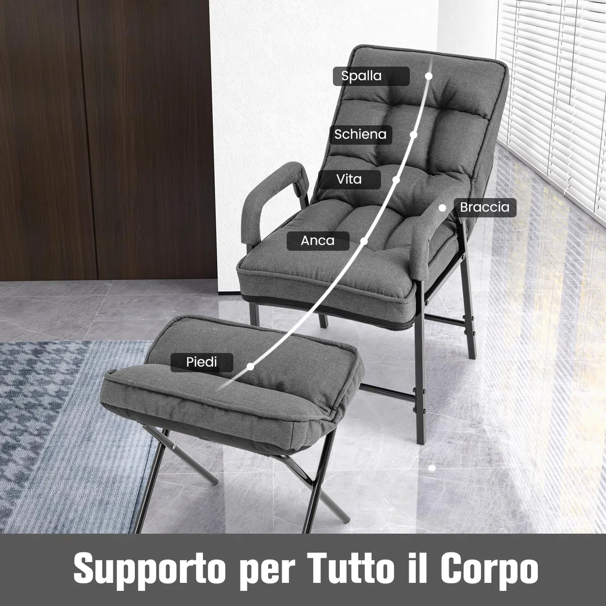 COSTWAY Poltrona Imbottita con Pouf Poggiapiedi Pieghevole, Schienale Alto Reclinabile a 5 Posizioni, Poltroncina Sedia Sdraio in Lino, Poltrona Moderna con Braccioli da Soggiorno Ufficio (grigio)