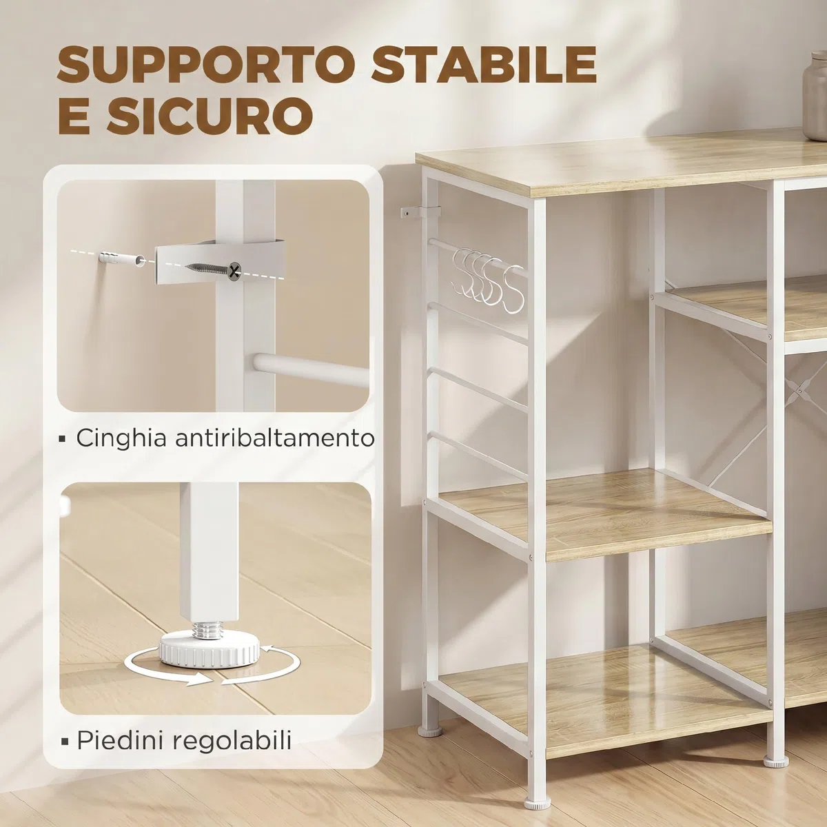 HOMCOM Scaffale Cucina con Ripiani, Scaffale Portaoggetti Salvaspazio in Legno e Metallo con 5 Ganci a S e Piedini Regolabili, per Spezie, Pentole e Padelle, 90x39x83.5 cm, Rovere