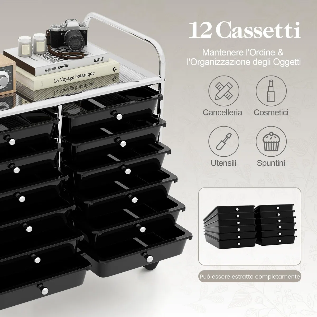 RELAX4LIFE Carrello di Stoccaggio con 12 Cassetti Estraibili, con Ruote Bloccabili e Maniglie, Struttura in Metallo, Carrello di Servizio con Ampia Piano per Soggiorno, Sala Giochi (BIANCO)