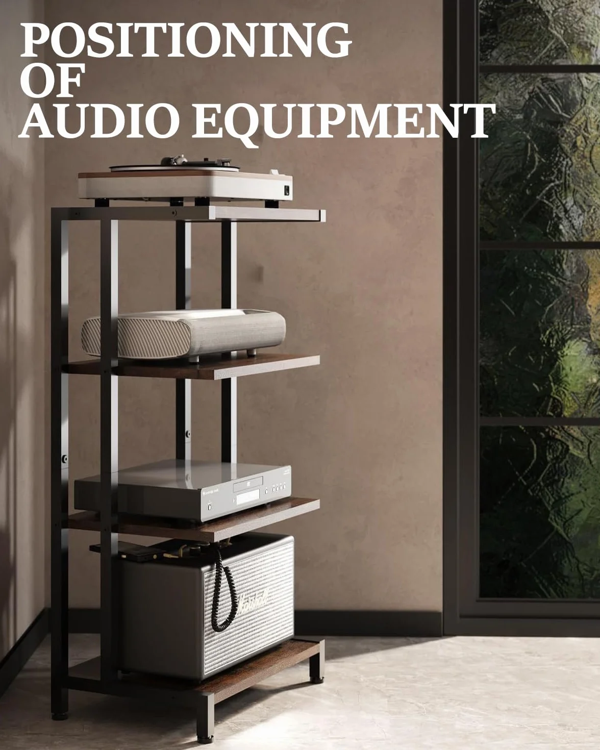 Rack HiFi a 4 livelli in legno e ferro per giradischi, impianto audio, impianto stereo, adatto per soggiorno e studio 28D x 42W x 81H cm, nero/marrone