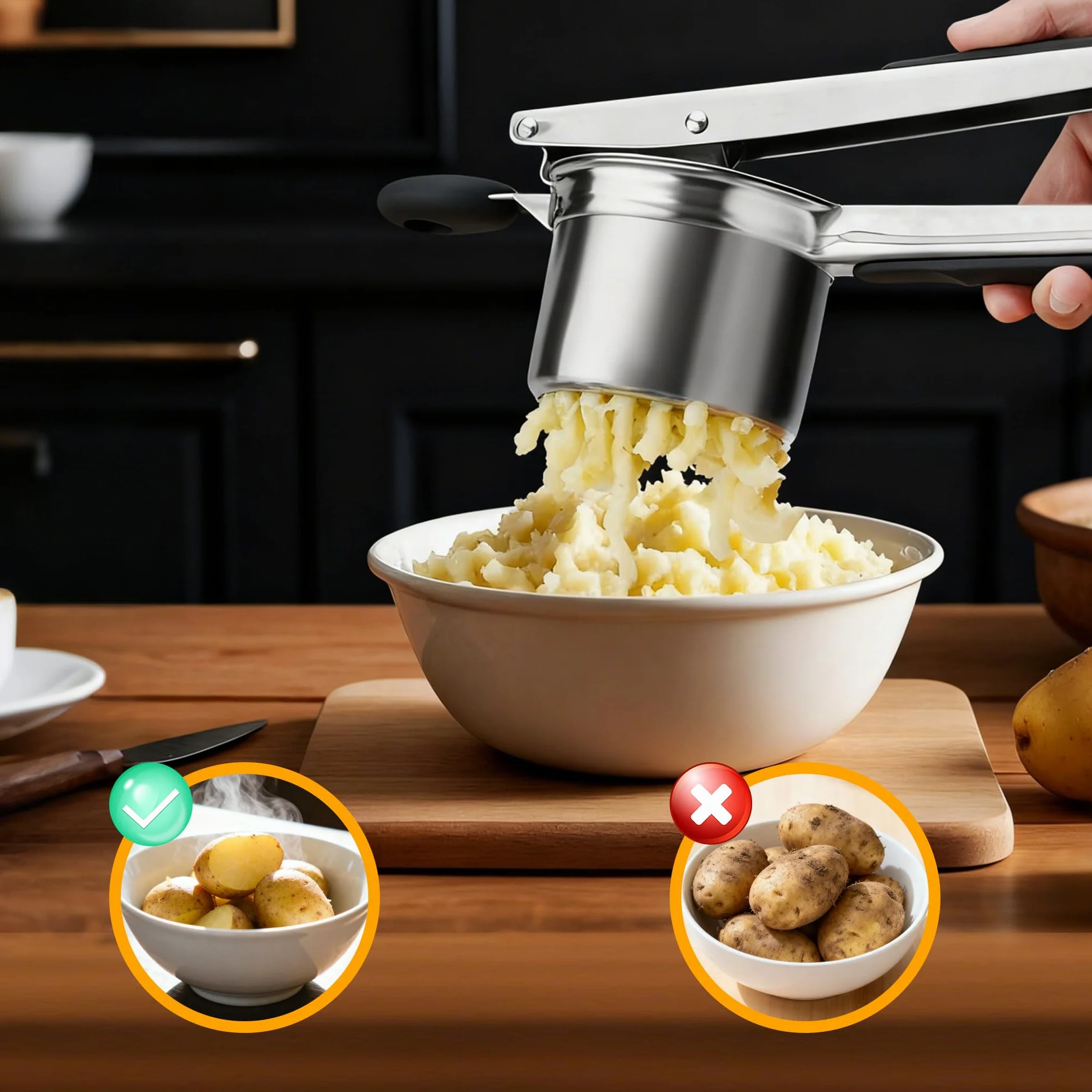 Schiacciapatate con 4 Setacci intercambiabili,Schiacciapatate Acciaio Inox,Pressa per Patate,Acciaio Inox per Purè di Patate, Frutta, Verdure, Bébé, Limone