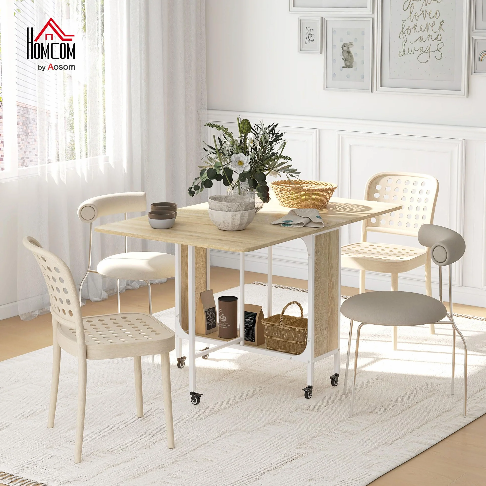 HOMCOM Tavolo da Pranzo Pieghevole, Tavolo a Ribalta per 4-6 Persone, Tavolo da Cucina Salvaspazio Moderno con Ripiano e 6 Ruote, in Metallo, 130x80x74 cm, Color Legno
