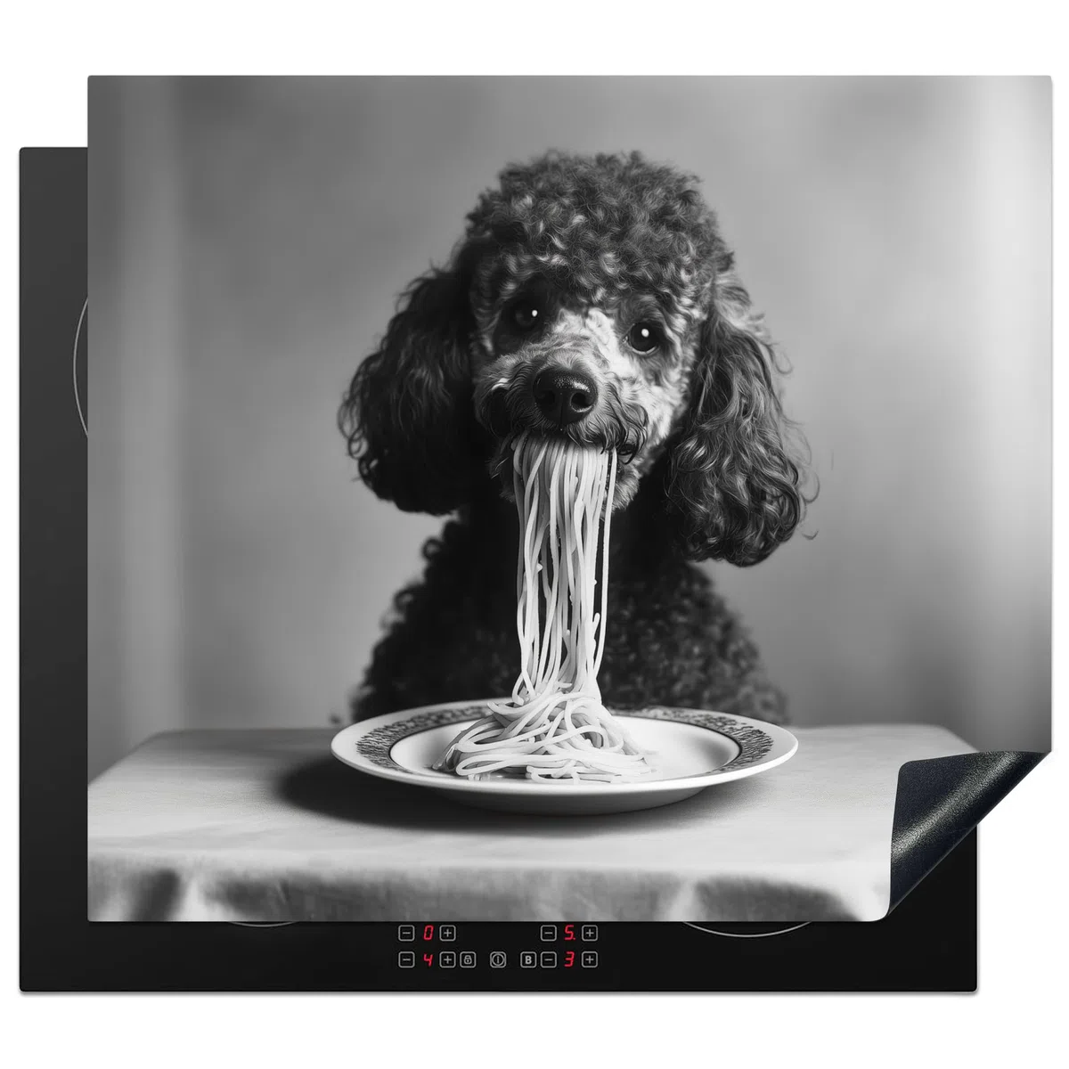 KitchenYeah© Copri Piano Induzione 60x52 cm Cucina Coprifornelli Copertura Protezione Cottura Tutto per la Cucina Barboncino - Cane - Nero - Bianco - Carino - Pasta
