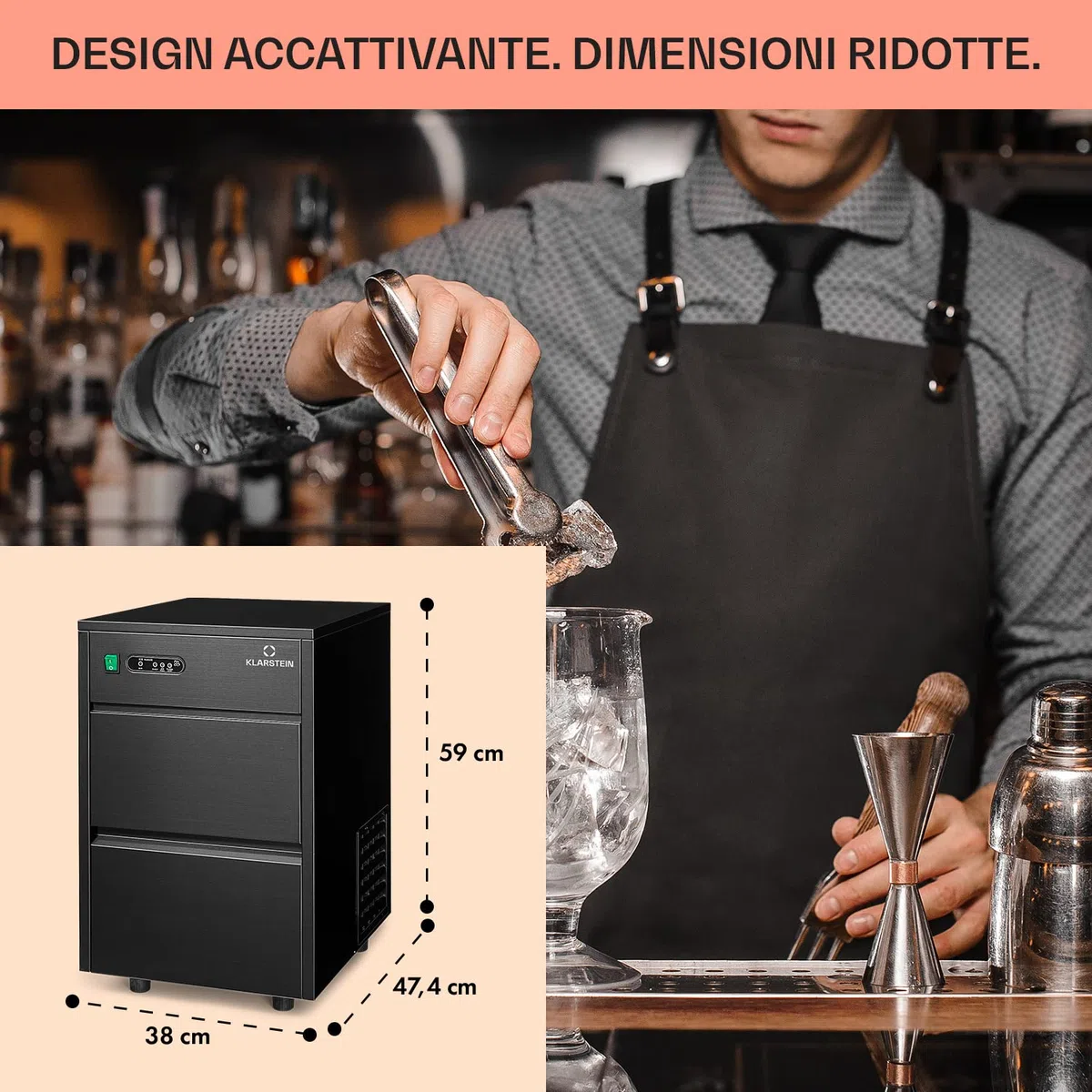 Klarstein Powericer Macchina Ghiaccio Casa 145W, Professionale, Fabbricatore Ghiaccio Secco fino a 20kg, Cubetti di Grandi e Piccole Dimensioni, Serbatoio 3.5kg
