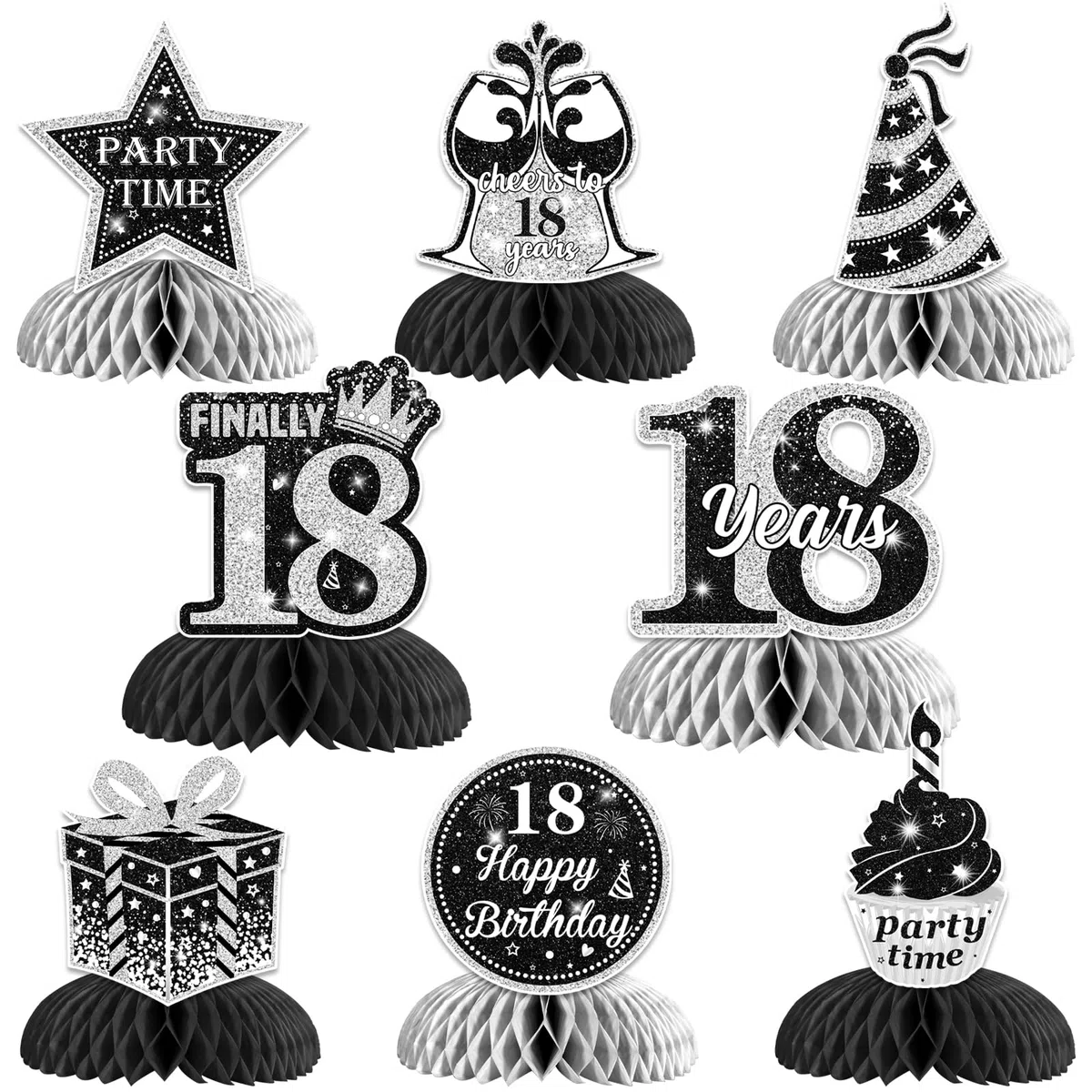 Jollyboom 8 centrotavola a nido d'ape per 18° compleanno, decorazioni da tavola per 18° compleanno, colore nero e argento, stampa su entrambi i lati, per feste di compleanno per ragazzi e ragazze