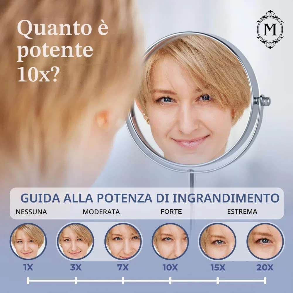 Mirrorvana Specchio Trucco Ingranditore 10X / 1X, Specchio da Tavolo da Bagno, Specchietto Telescopico x10 per Truccarsi, Specchio da Appoggio, 18cm (Cromato)