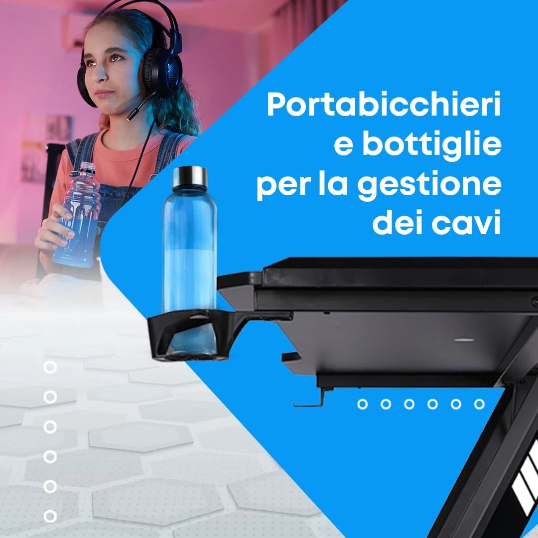 NK Scrivania Gaming LED Ergonomica (120X60cm) - Portabicchieri e Bottiglie, Supporto per Cuffie, Gestione dei Cavi, Scrivania Gaming, Tavolo 1.5cm (Resistenza) Peso Massimo Supportato 100kg - Bianco