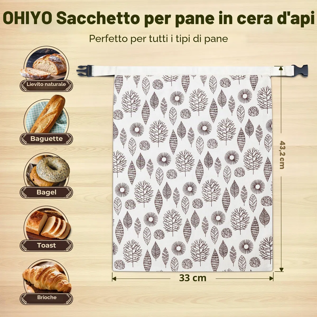 OHIYO Sacchetti riutilizzabili in cera d'api per congelatore e frigorifero, sacchetti di cotone rivestiti in cera d'api naturale per conservare gli alimenti freschi e fragranti (confezione da 2)