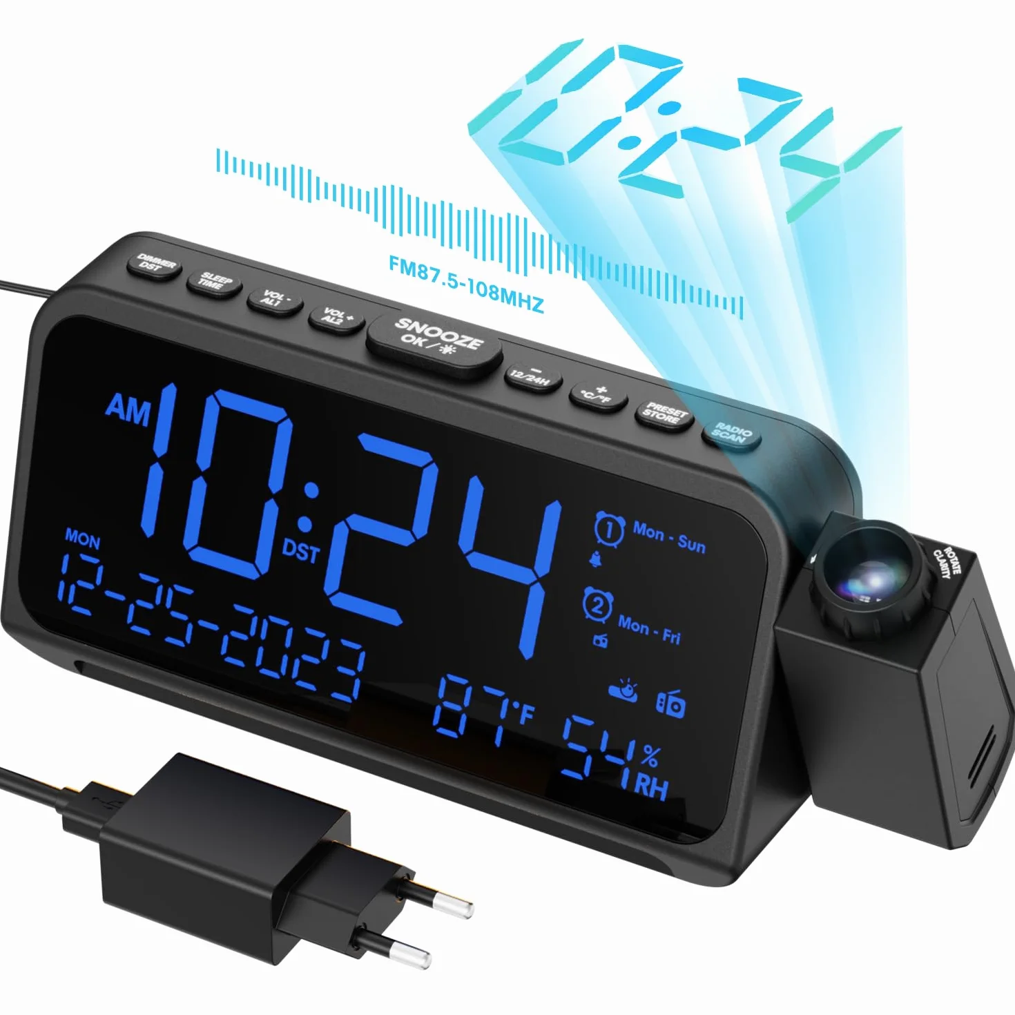 ROCAM Sveglia con Proiettore Radiosveglia Digitale da Comodino 270°, 12/24H Display con Dimmer Snooze modalità Weekend Grandi Numeri Temperatura Data, Sveglie FM Radio 2 e Cavo USB, Batteria Backup
