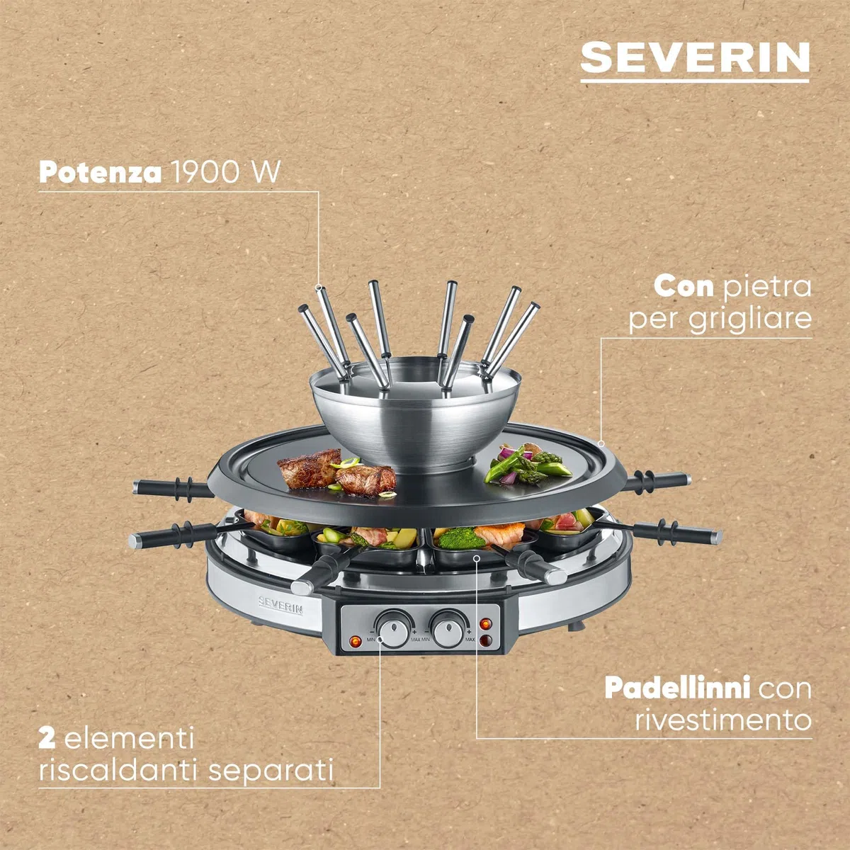 SEVERIN Grill/Raclette/Fonduta 8 Padellini, 2 Elementi Riscaldanti Regolabili Separatamente, Combinazione 2-In-1 Con 8 Padellini, Raschietti E Forchette Per Fonduta, Potenza 1.900W, RG 2348