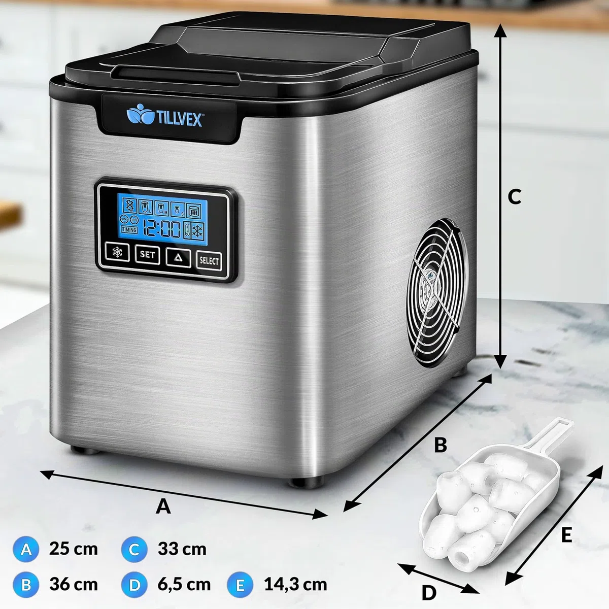 tillvex Macchina del Ghiaccio 12 kg - 24 h | Macchina Ghiaccio Casa in Acciaio Inossidabile | Macchina Professionale | 2,2 L Serbatoio d'Acqua | Display LED, Timer | 3 Misure Cubetti di Ghiaccio