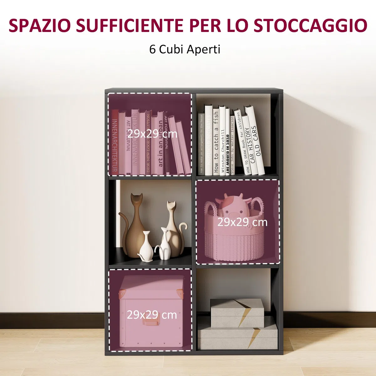 HOMCOM Libreria a Cubi con 6 Ripiani Portaoggetti dal Design Rustico, Libreria Moderna in Legno, per Cameretta, Studio, Ufficio, 61.5x29.5x91.5 cm, Nero