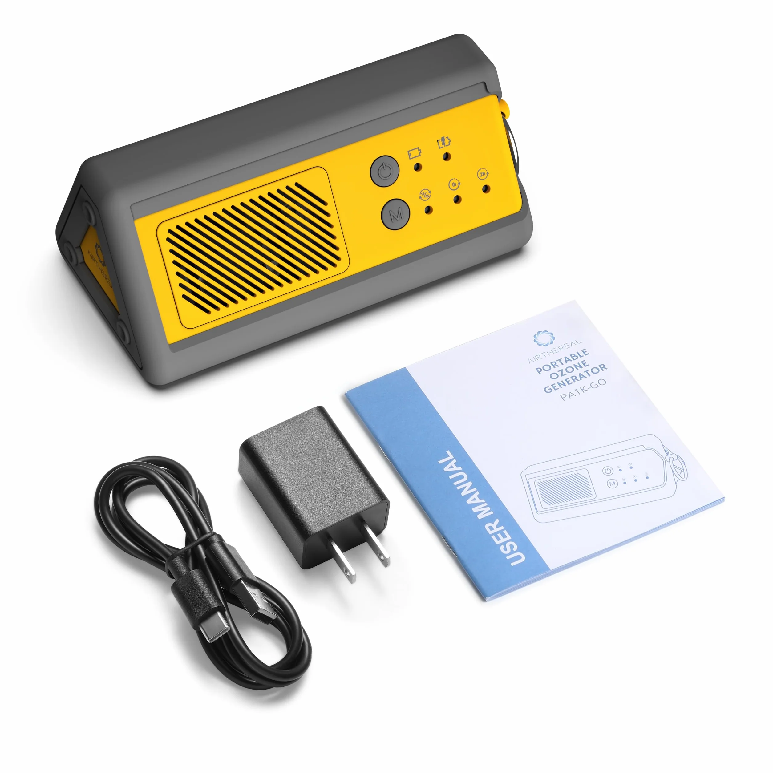 Airthereal PA1K-GO Generatore di Ozono Portatile – Eliminatore di Odori Senza Fili Alimentato a Batteria per Auto, Camera d’Hotel, Ufficio, Bagno e Altri Piccoli Spazi (Giallo/Grigio)