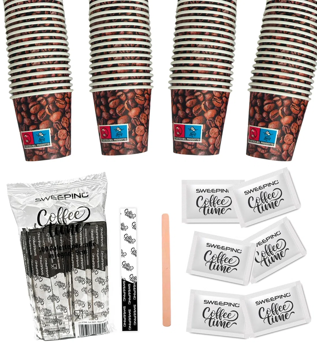 SWEEPING kit caffe bicchierini palettine e zucchero 600 Bicchierini Caffè + 600 Palette + 600 bustine zucchero - Bicchieri 65 ml in Carta e Palettine Usa e Getta Riciclabile, Colore Decorato