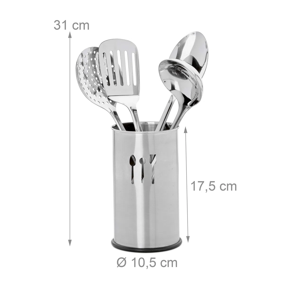 Relaxdays Porta Utensili da Cucina, Set da 5 Accessori, 4 Mestoli, Portaposate, Portamestoli, Kit in Acciaio, Argento
