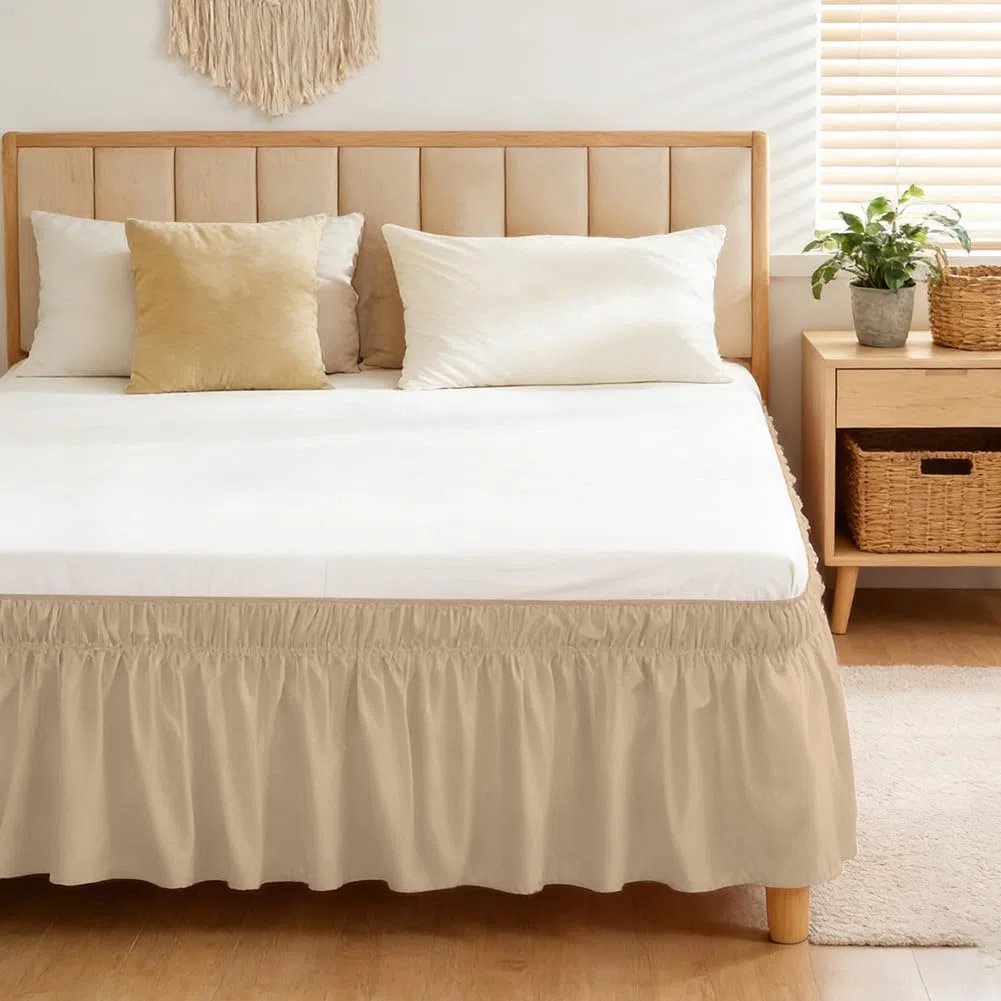 RANJIMA gonna da letto pieghettata, 153 x 203 cm, gonna da letto con balze, gonna da letto avvolgente, altezza 38 cm, volant copriletto con doppio elastico, regalo per donne, sabbia