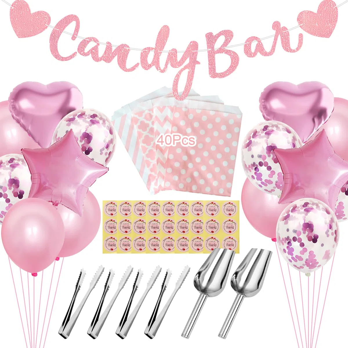 69 Pezzi Candy Bar Accessori per Candy Bar Accessori Candy Bar Sacchetti per Candy Bar Paletta Ghiaccio Pinza Ghiaccio Adesivi Candy Bar Banner Palloncini per Decorazioni Matrimoni Compleanni e Feste(