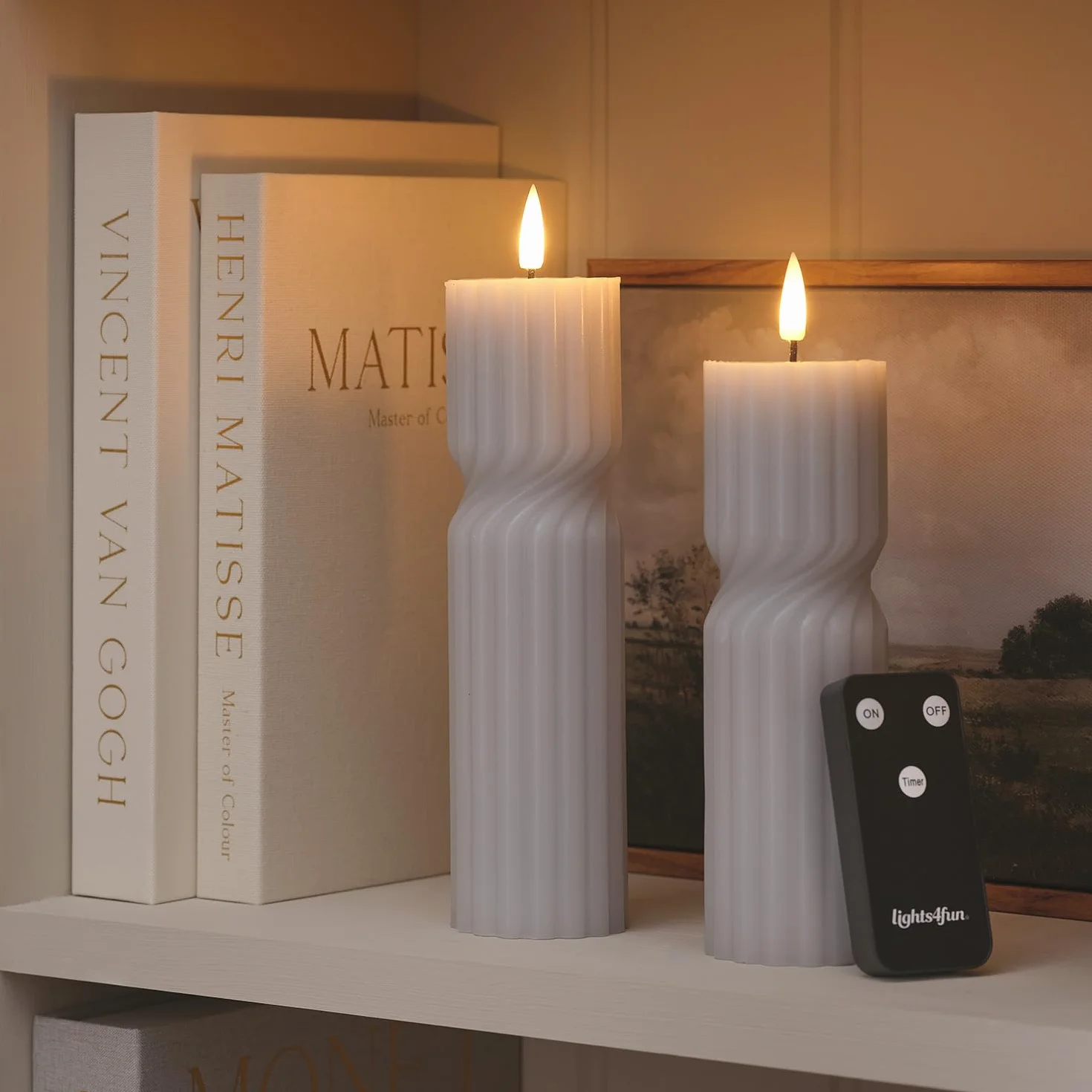 Lights4fun TruGlow Set di 2 candele in vera cera grigia | LED tremolanti bianchi caldi | con telecomando e timer da 6 ore a batteria | decorazione primavera per tavolo e soggiorno, altezza 17,50 cm
