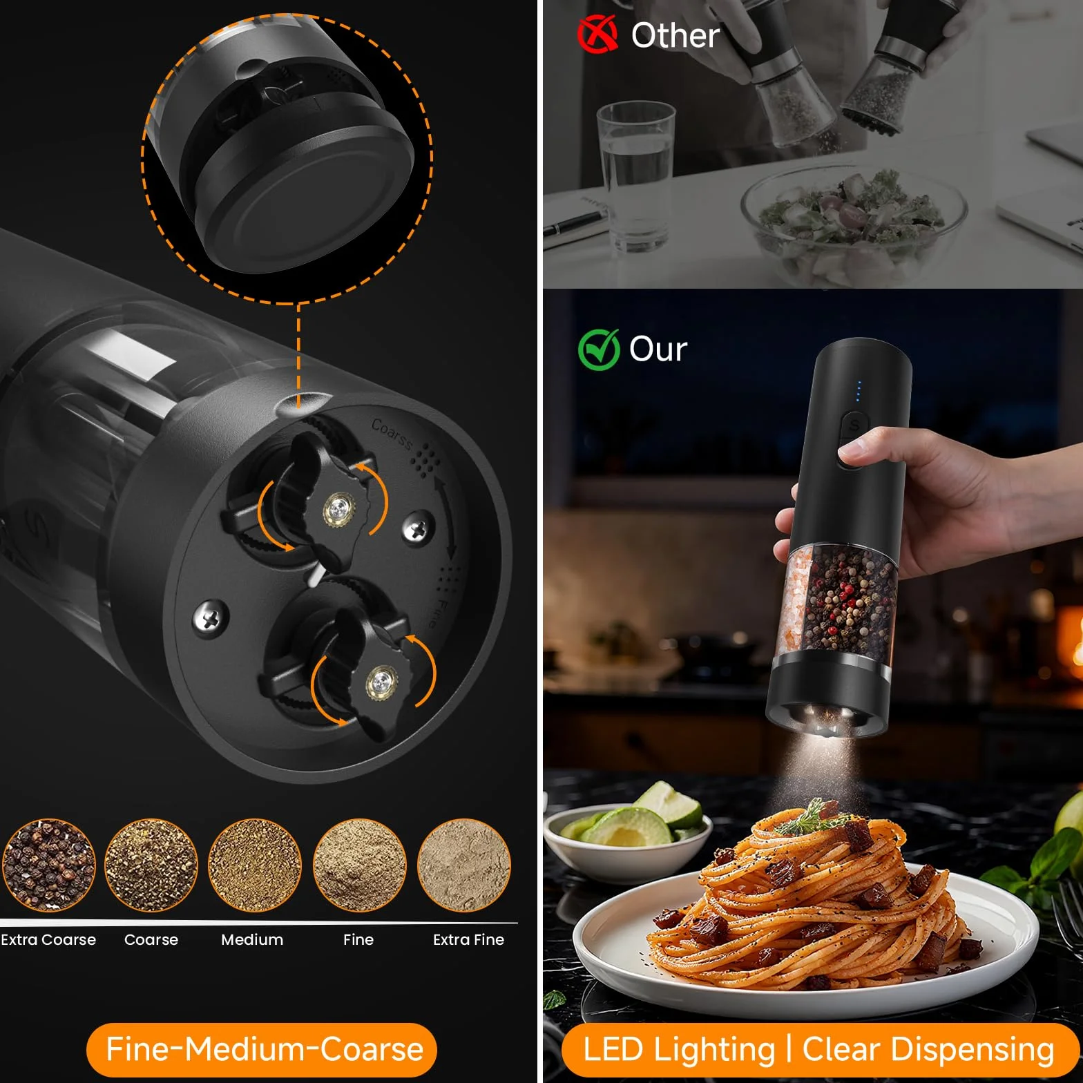 Set elettrico 2 in 1 per sale e pepe, macinapepe automatico, illuminazione a LED, macinino regolabile, grande capacità ideale per cucina e barbecue (nero)