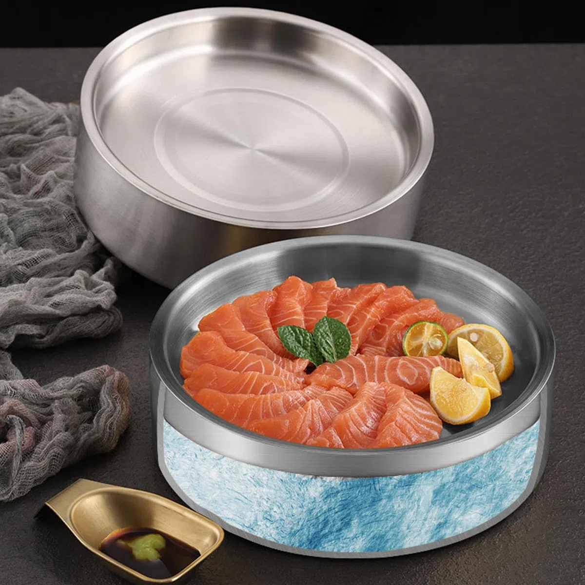 Ciotola refrigerante, ciotola per servire il ghiaccio, mantiene i piatti da portata freddi in acciaio inossidabile, insalata per esterni, multiuso, portatile, per bevande, feste, bar, salsa, cibo