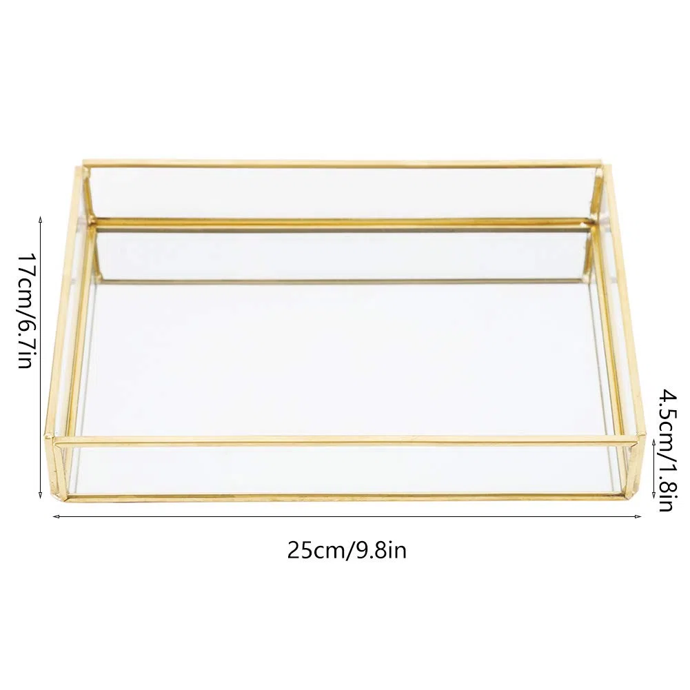 Vassoio per Gioielli e Trucco, Elegante Organizzatore Decorativo Dorato in Vetro a Specchio con Struttura in Metallo Fondo Riflettente 3 Dimensioni per Bagno e Camera da Letto
