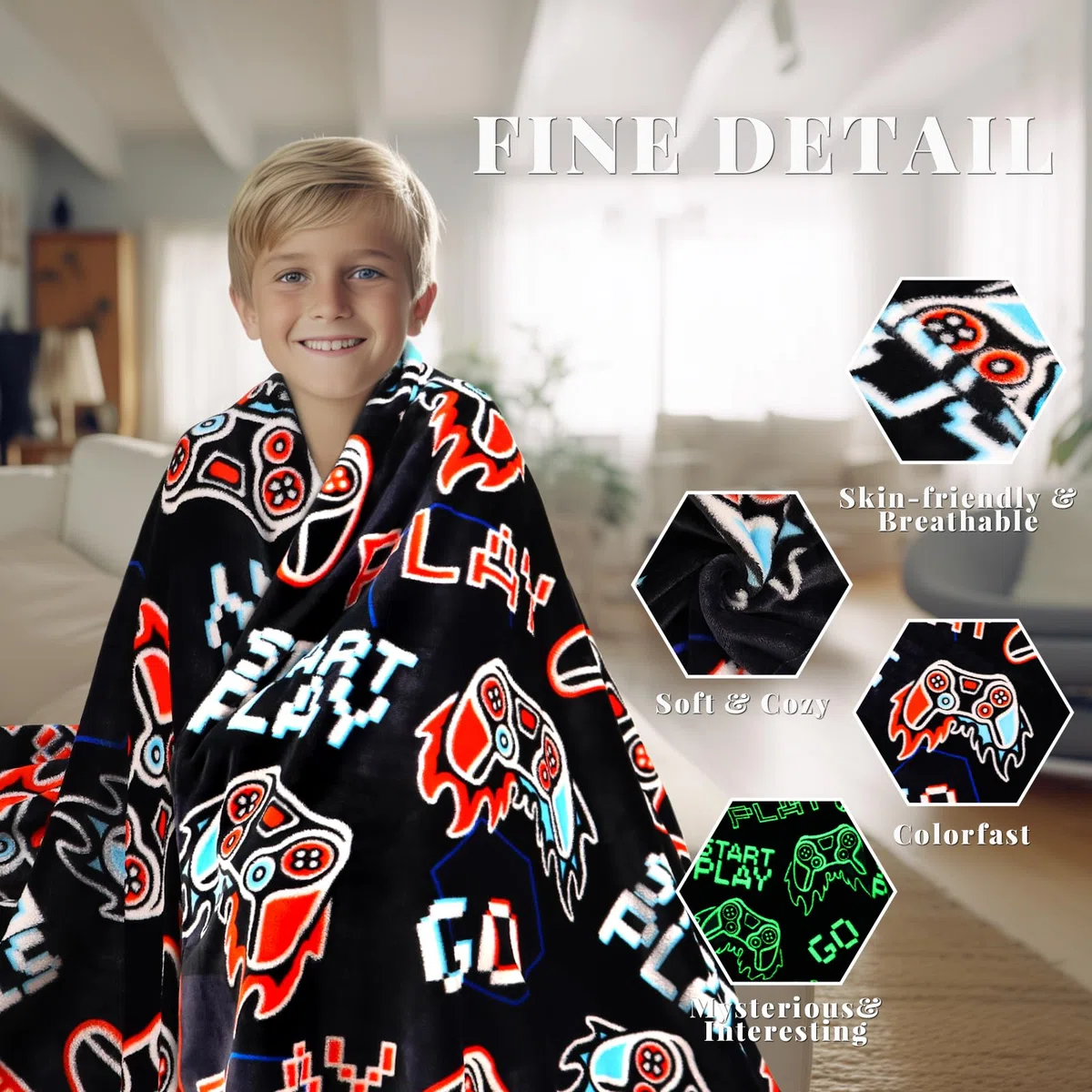 Coperta da gioco per ragazzi, adolescenti, uomini, papà, si illumina al buio, coperta da gioco per ragazzi con motivo controller di gioco, decorazione per la stanza dei videogiochi, regali per