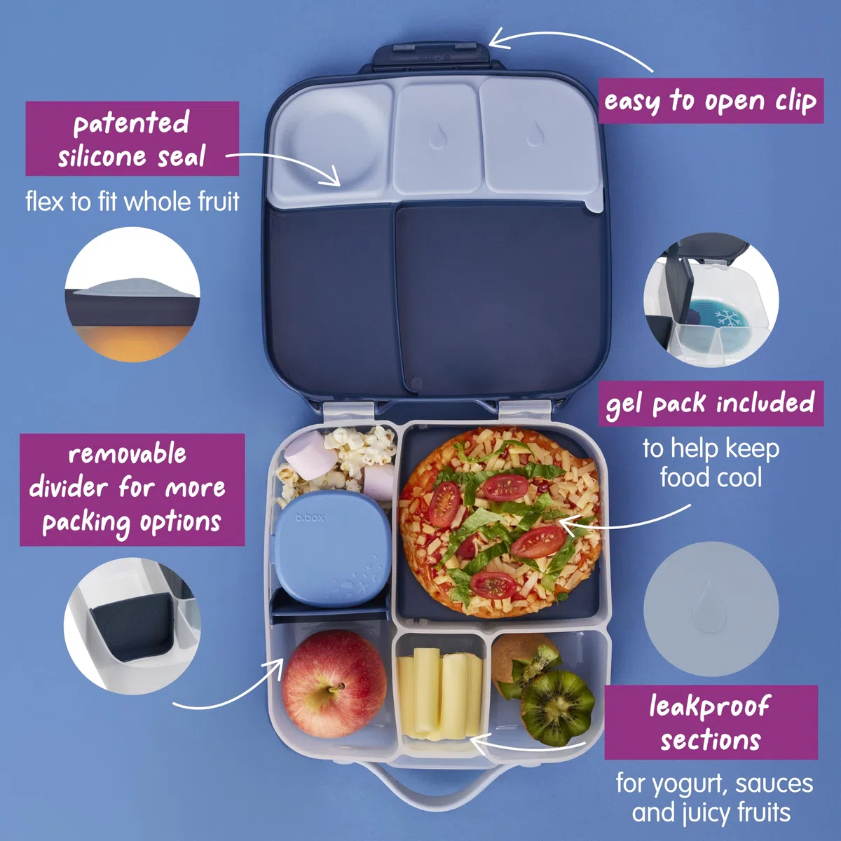 b.box Porta Pranzo Jumbo a 4 Scomparti (2 a Prova di Perdite), Lunch Box con Divisorio Rimovibile | Bento Box con Ghiacciolo | Ideale per la Scuola | Da 3+ | Capacità 2L
