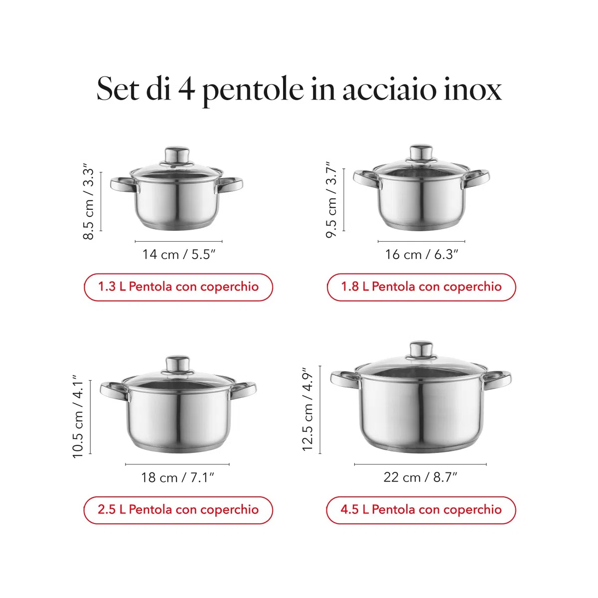 FLORINA Set Pentole POLPO I Set di Pentole 8 Pezzi I Acciaio Inox di Alta Qualità I Coperchio in Vetro e Misurino I Adatte alla Lavastoviglie I Ideali per Piano Cottura a Induzione, Gas, Elettrico