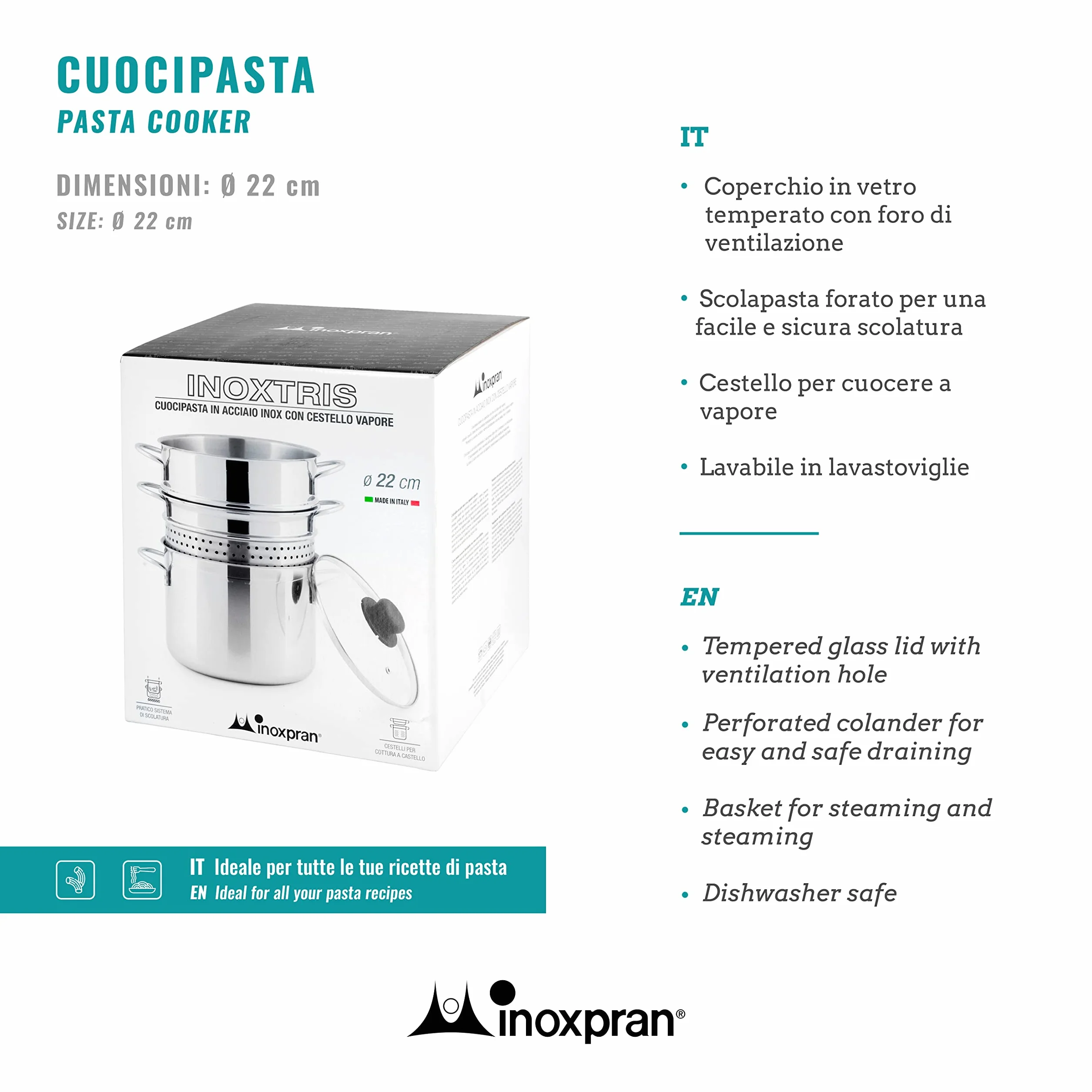 540629, Cuocipasta Inoxpasta in Acciaio Inossidabile, Cestello a Vapore con Coperchio in Vetro da 22 cm, Pentola e Scolapasta Insieme, Utilizzabile nel Gas, Piastra Elettrica e Vetro Ceramica