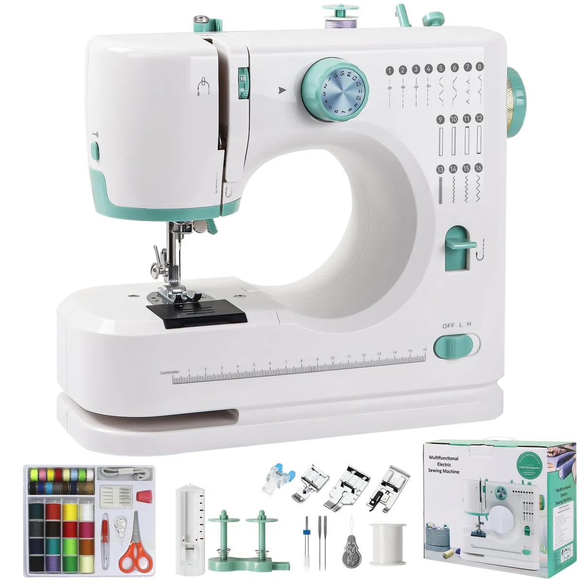 Macchina da Cucire Elettronica,Qoosea 16 Punti di Cucitura Mini Macchina da Cucire per Principianti e Bambini, Cucitrice Portatile per Tessuti con Luce LED per Facile Utilizzo, Kit di Attrezzi