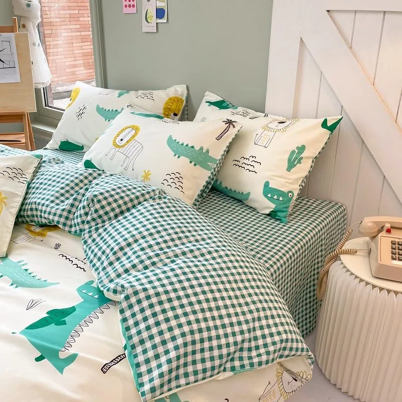 Biancheria da letto in 100% cotone - Taglia singola per bambini, ragazzi e ragazze - Motivi: Animali dei cartoni animati. Copripiumino con stampa di coccodrillo e leone, verde, per tutta la stagione
