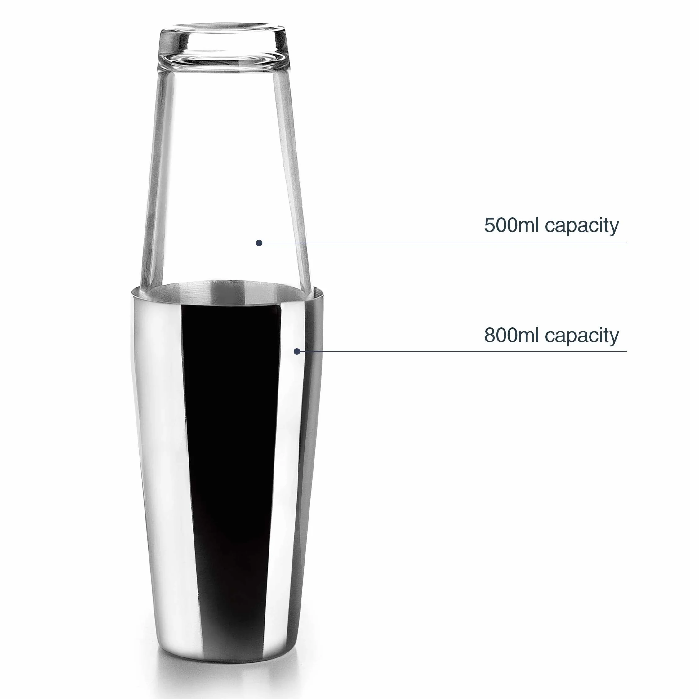 LACOR - 62285 - Boston Stainless Steel Cocktail Shaker for Professional Cocktails, 2 Glasses, Borosilicate Glass, Capacity 800 ml + 500 ml, Airtight Closure, Ø 8 x 16 cm, Grey