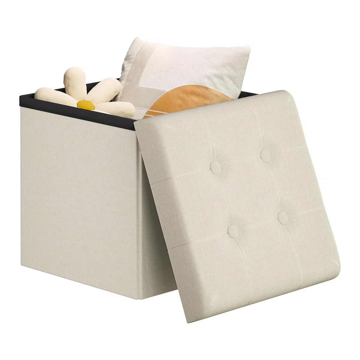 WOLTU Pouf con Contenitore, Puffo Pieghevole con Coperchio, Poggiapiedi Divano, Cubo Seduta con Ripiano, per Soggiorno o Camera da Letto, 30x30x30 cm, Crema
