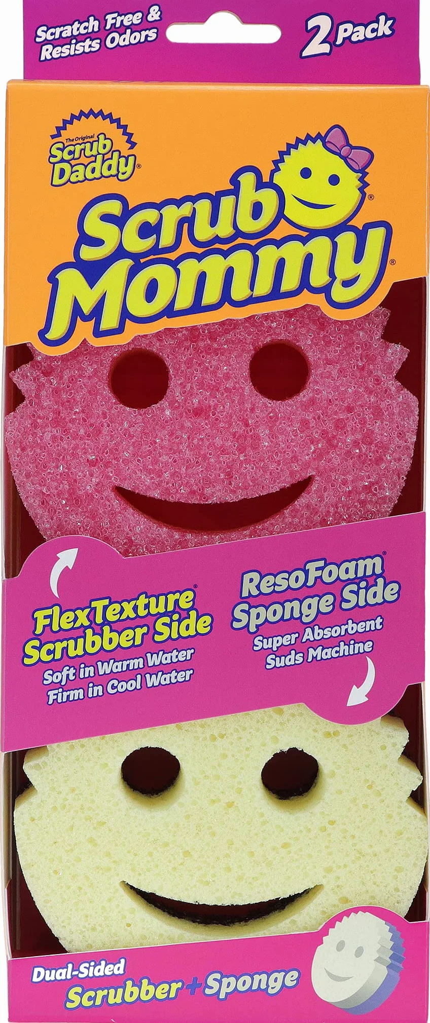 Scrub Daddy Scrub Mommy, Spugna Abrasiva Cucina su Due Lati, Alternativa Prodotti Cucina ai Panni Non Graffiati, Spugna Faccina Sorridente per Lavello, Bagno e Doccia, FlexTexture, Rosa 2 Pz