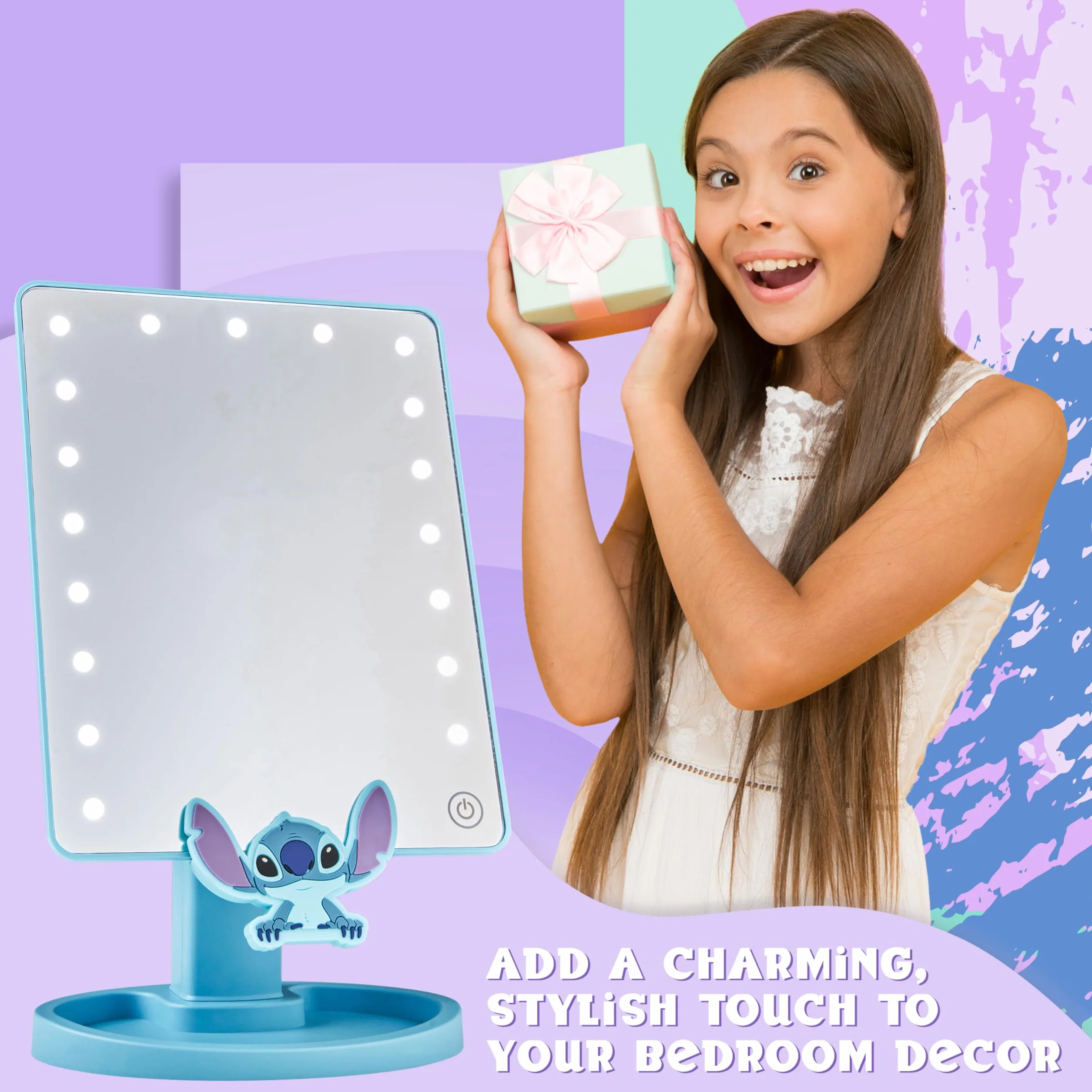 Disney Stitch LED Specchio da Tavolo con Vassoio Portaoggetti - Regalo Donna (Blu)