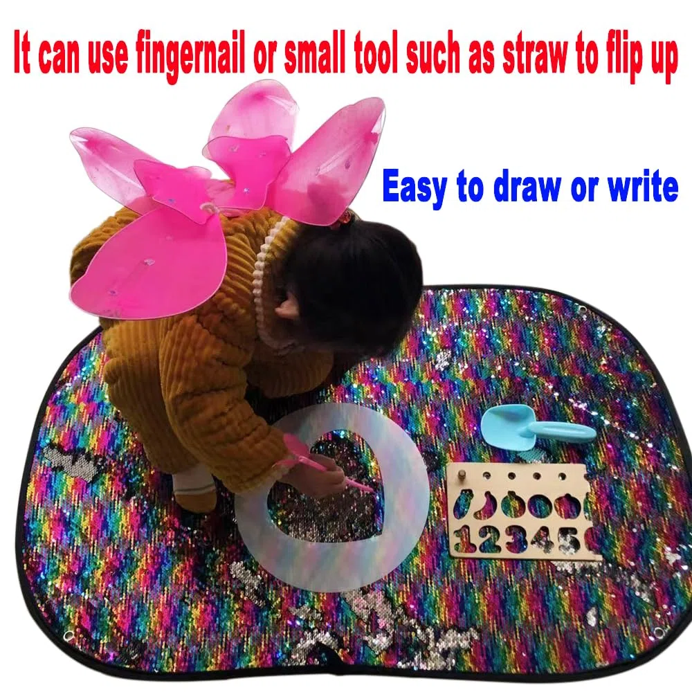 Paillettes reversibili fai da te decorazione da parete sensoriale divertente giocattolo scoperta apprendimento con custodia da viaggio per bambini 40 x 27 pollici (non incluso 6 stencil)