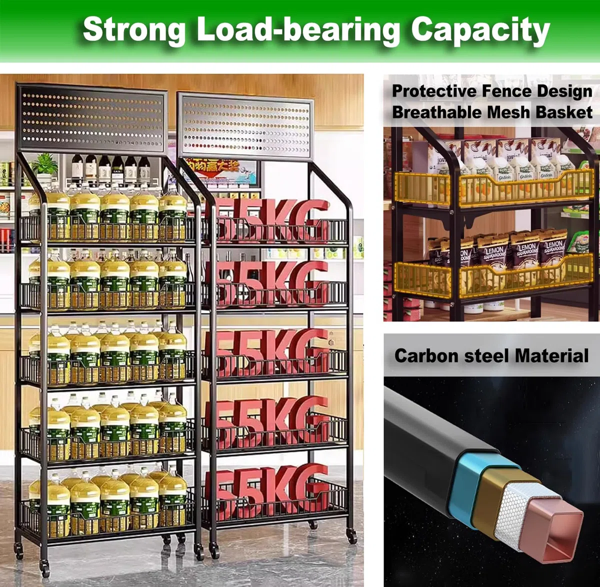 Scaffale per Snack a 5 Livelli del Supermercato, Mensole in Metallo con Ruote, Organizzatore di Snack da Pavimento per Negozi, Supermercati e Cucine, 15 Ganci