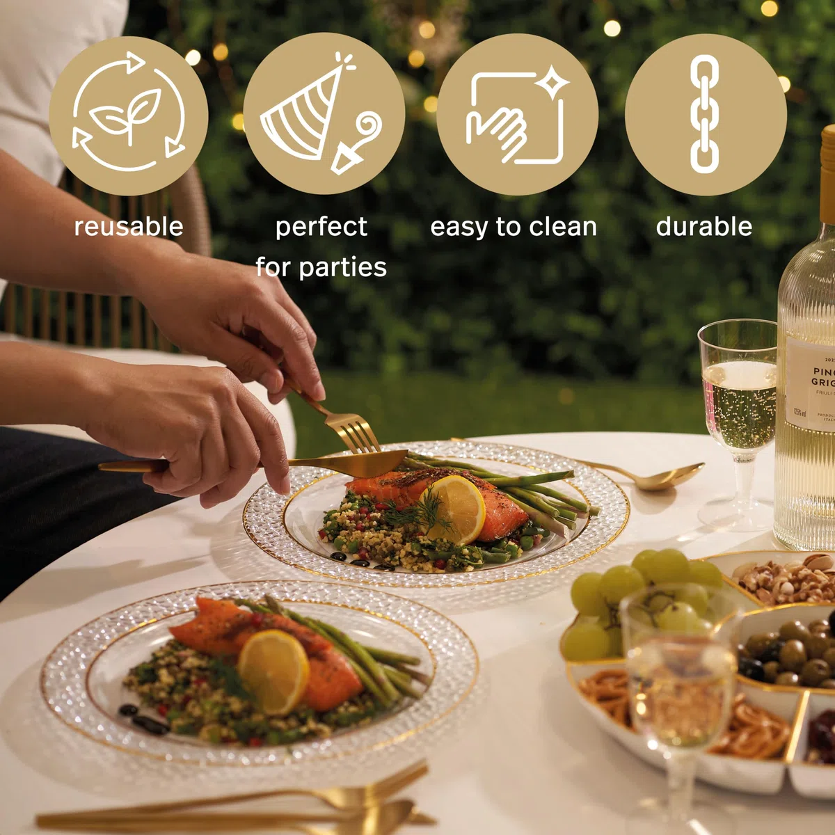 Matana 20 Piatti di Plastica Rigida Trasparente con Bordo Dorato, 26cm - Eleganti, Robusti e Riutilizzabili - Matrimoni, Compleanni, Battesimi, Barbecue, Natale, Feste