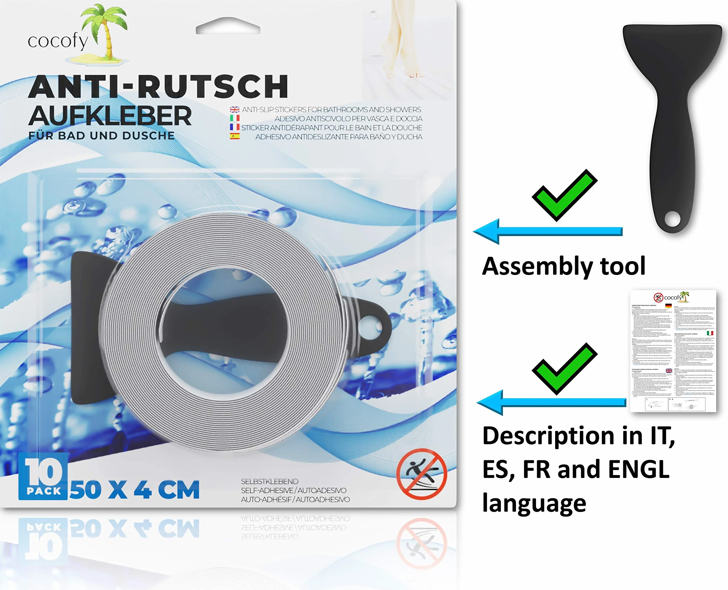 Adesivi Antiscivolo Doccia e Vasca XXL | Adesivi per Bagno in Gomma Antiscivolo, 50x4, Trasparenti, Lunghi| Efficace Antiscivolo Doccia, e Antiscivolo Bambini, Confezione da 10