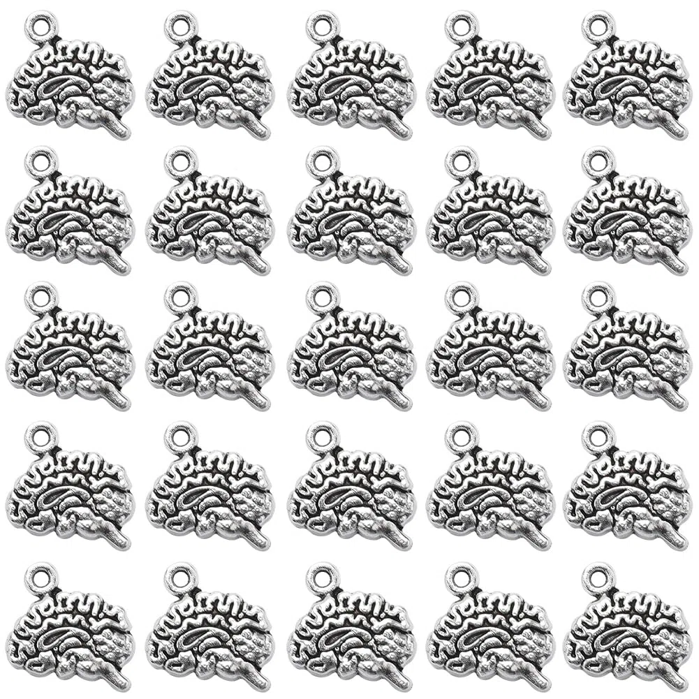SUNNYCLUE 1 Scatola 100 Pezzi Ciondoli per Cervello Ciondolo per Cervello Laurea in Massa Cervelli Anatomici Ciondolo Anatomia Umana Lega Stile Tibet Spaventoso Scienza Medica Cre