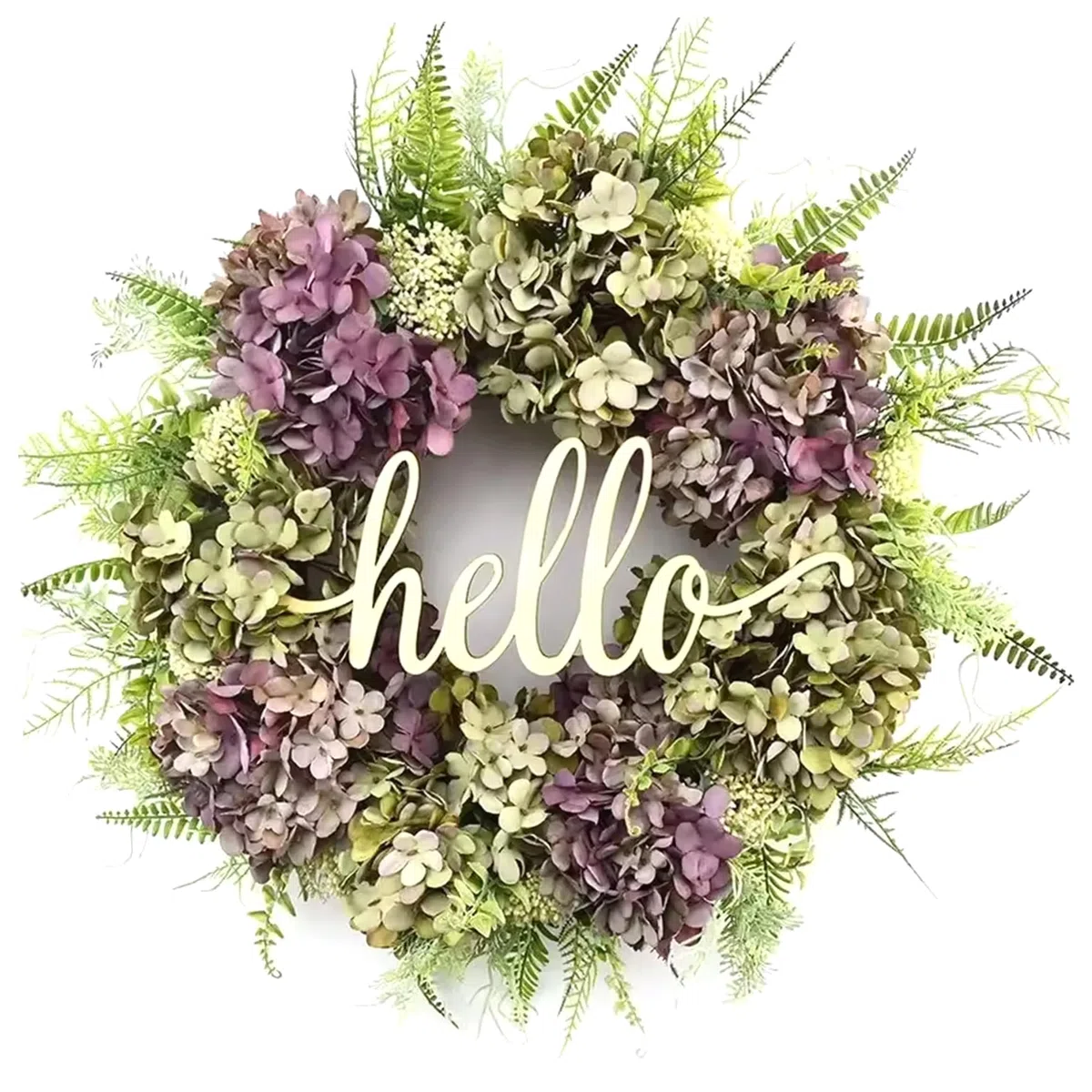 Ghirlanda di ortensie per porta d'ingresso - Ghirlande di fiori finti artificiali realistici per esterni con scritta di benvenuto viola-verde