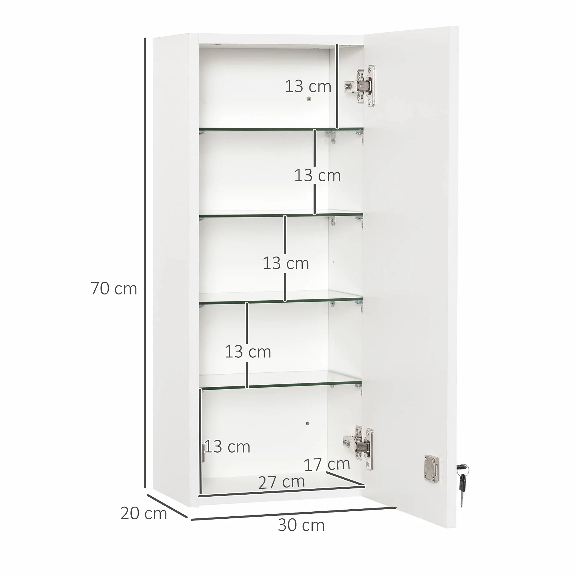 kleankin Armadietto Medicinali a Muro con Serratura, 5 Ripiani e Mensole Regolabili, in Legno e Vetro, Bianco, 30x20x70cm