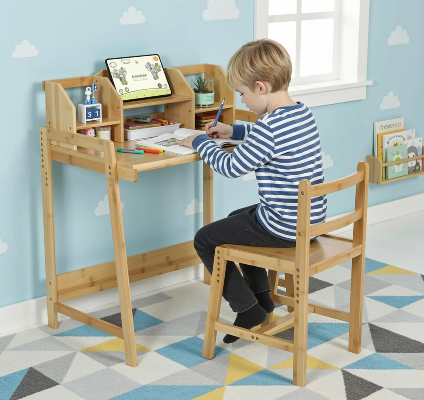 Scrivania per bambino Regolabile in Altezza, con Sedia, in Legno di Bambù, Supporto per Libri, Set da Scrivania, Colore Naturale