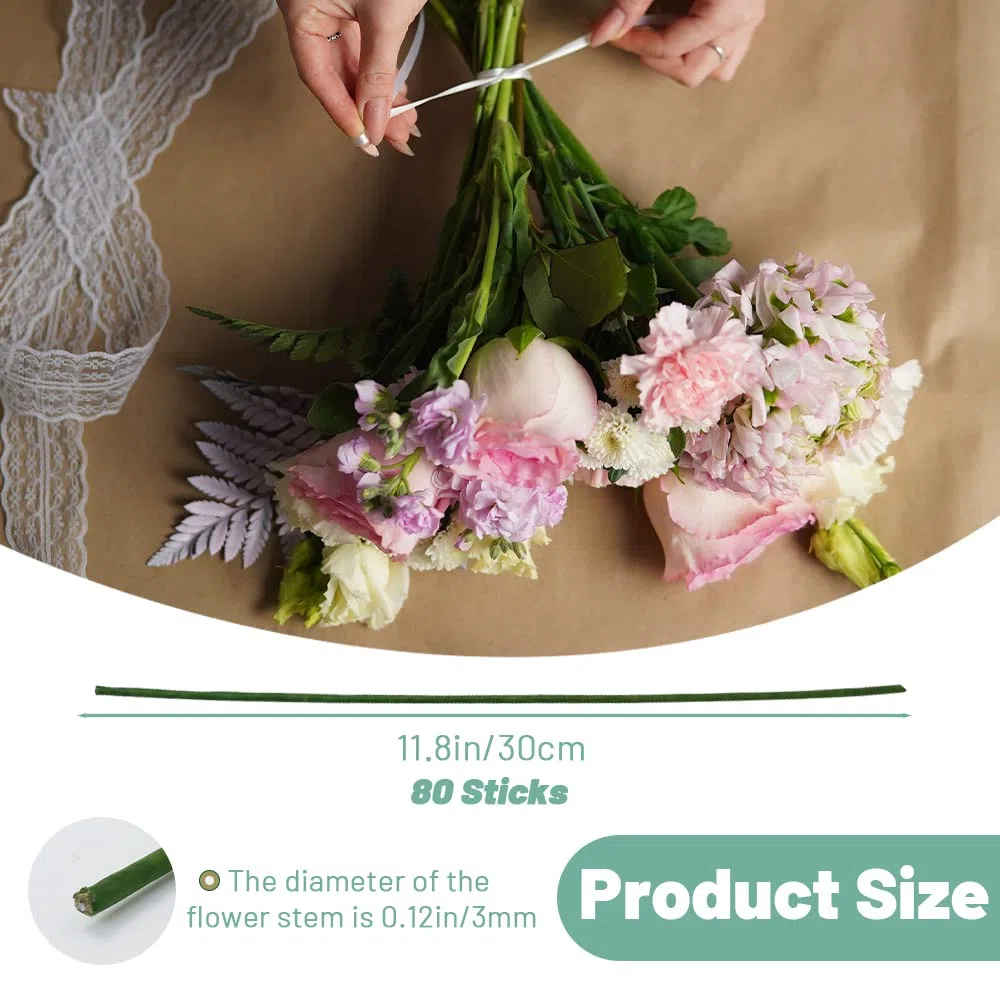 80 fili floreali, lunghezza 30 cm, diametro 3 mm, steli floreali, calibro 18 avvolto con carta, filo per fioristi per fiori artificiali, ghirlande, bouquet (verde)