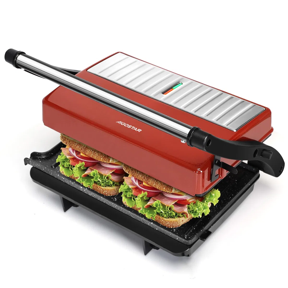 Aigostar Tostapane Piastra/Griglia Elettrica e Sandwich Maker 3 in 1, Con Piastra Antiaderente, 23 x 14,5 cm, Apertura a 180º, Temperatura Automatica, Piastra Elettrica per Cucinare 1000W, Warme