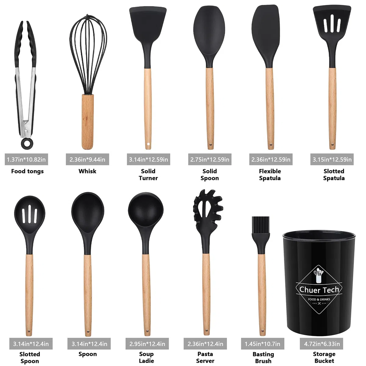 Utensili da cucina in silicone per legno, 12 pezzi, accessori da cucina, set senza BPA, antiaderenti, antigraffio e resistenti al calore, strumento da cucina antiaderente per mestolo, spatola,