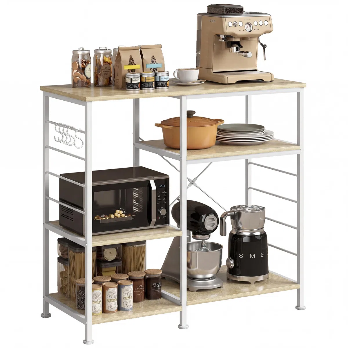 HOMCOM Scaffale Cucina con Ripiani, Scaffale Portaoggetti Salvaspazio in Legno e Metallo con 5 Ganci a S e Piedini Regolabili, per Spezie, Pentole e Padelle, 90x39x83.5 cm, Rovere